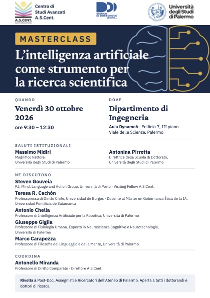 Locandina Masterclass A.S.CENT. - L'intelligenza artificiale come strumento per la ricerca scientifica
