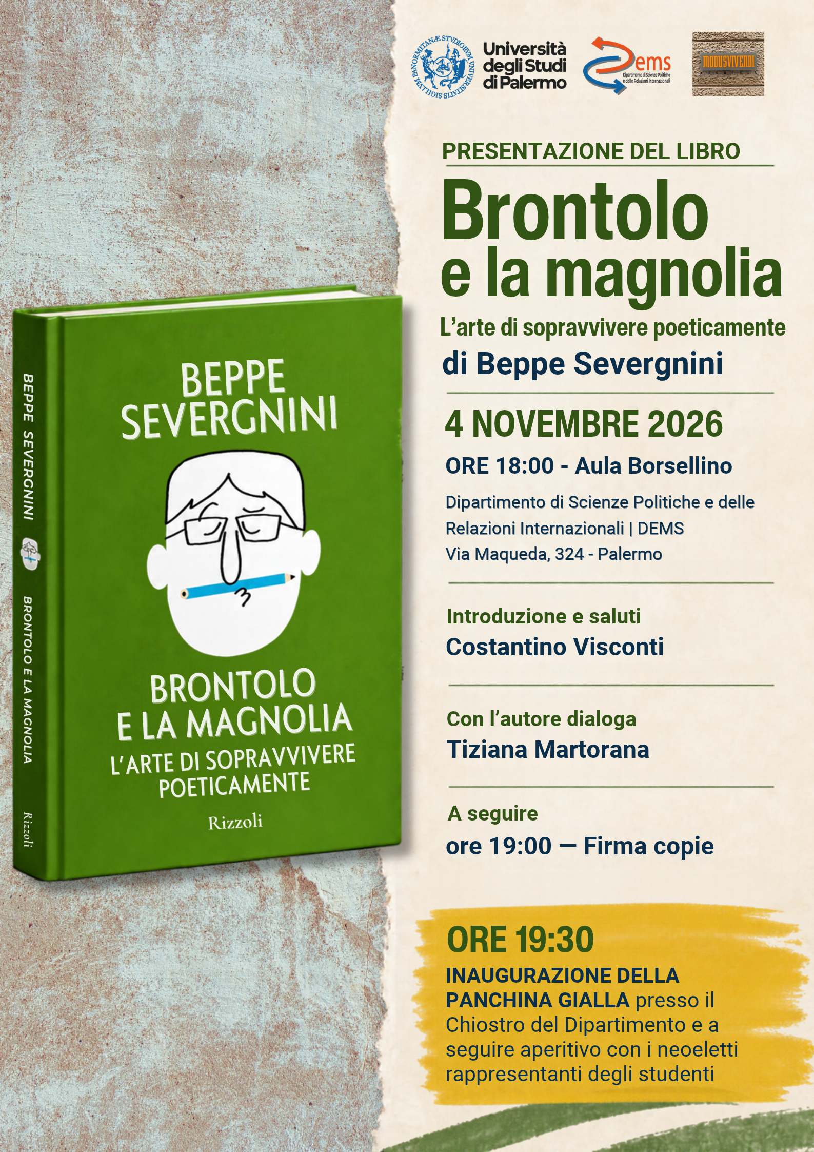 Locandina della presentazione del libro Brontolo e la magnolia