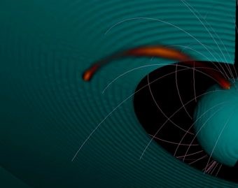    Una immagine elaborata al calcolatore che riproduce il passaggio di un fiotto di plasma all&rsquo;interno di un tubo magnetico che collega una stella al suo disco protoplanetario. Crediti: Reale et al.